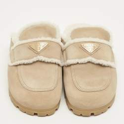 Pre Owned Prada Beige/White Shearling and Suede Mules Size 40