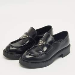 Pre Owned Prada Black Brushed Leather Slip On Loafers Size 35.5