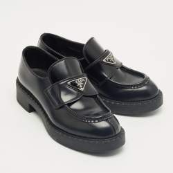 Pre Owned Prada Black Brushed Leather Slip On Loafers Size 35.5