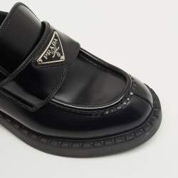 Pre Owned Prada Black Brushed Leather Slip On Loafers Size 35.5