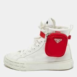 Pre Owned Prada White Nylon Triangle Pouch Pocket High Top Sneakers Size 37
