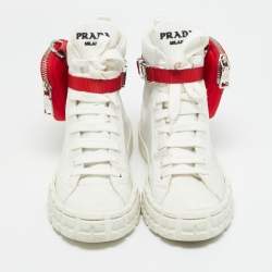 Pre Owned Prada White Nylon Triangle Pouch Pocket High Top Sneakers Size 37