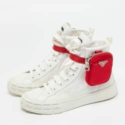 Pre Owned Prada White Nylon Triangle Pouch Pocket High Top Sneakers Size 37