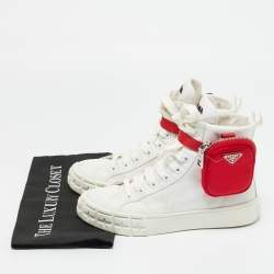 Pre Owned Prada White Nylon Triangle Pouch Pocket High Top Sneakers Size 37
