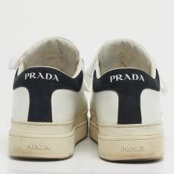 Pre Owned Prada White/Black Leather Lace Up Low Top Sneakers Size 38.5