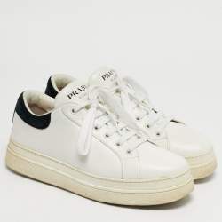 Pre Owned Prada White/Black Leather Lace Up Low Top Sneakers Size 38.5