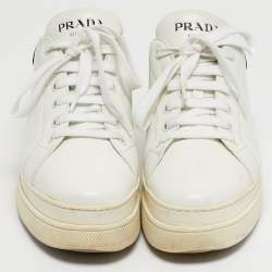 Pre Owned Prada White/Black Leather Lace Up Low Top Sneakers Size 38.5