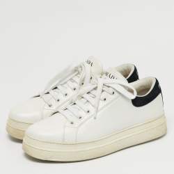 Pre Owned Prada White/Black Leather Lace Up Low Top Sneakers Size 38.5