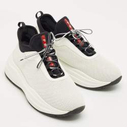 Pre Owned Prada White/Black Knit Fabric and Nylon Low Top Sneakers Size 38