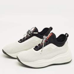 Pre Owned Prada White/Black Knit Fabric and Nylon Low Top Sneakers Size 38