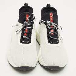 Pre Owned Prada White/Black Knit Fabric and Nylon Low Top Sneakers Size 38