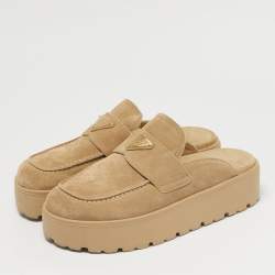 Pre Owned Prada Beige Suede San Tropez Mules Size 38.5