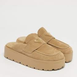 Pre Owned Prada Beige Suede San Tropez Mules Size 38.5