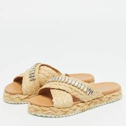 مملوكة مسبقًا Prada Beige Raffia Crystal Embellished Flat Slides Size 37