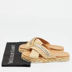 مملوكة مسبقًا Prada Beige Raffia Crystal Embellished Flat Slides Size 37
