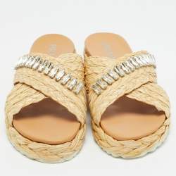 مملوكة مسبقًا Prada Beige Raffia Crystal Embellished Flat Slides Size 37