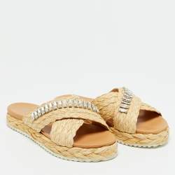 مملوكة مسبقًا Prada Beige Raffia Crystal Embellished Flat Slides Size 37