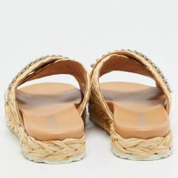 مملوكة مسبقًا Prada Beige Raffia Crystal Embellished Flat Slides Size 37