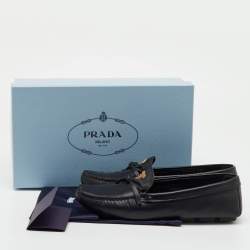 Pre Owned Prada Black Saffiano Leather Logo Bow Slip On Loafers Size 38.5