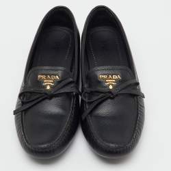Pre Owned Prada Black Saffiano Leather Logo Bow Slip On Loafers Size 38.5