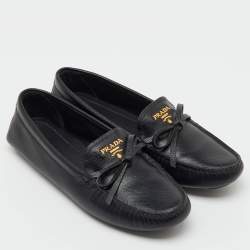 Pre Owned Prada Black Saffiano Leather Logo Bow Slip On Loafers Size 38.5