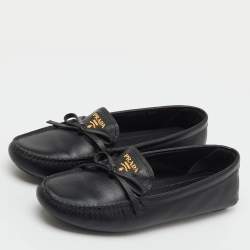 Pre Owned Prada Black Saffiano Leather Logo Bow Slip On Loafers Size 38.5