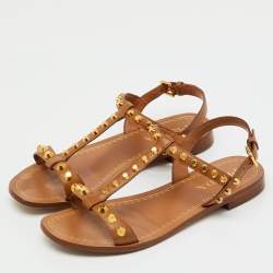 Pre Owned Prada Brown Leather Studded Flat Sandals Size 36