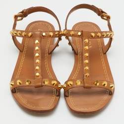 Pre Owned Prada Brown Leather Studded Flat Sandals Size 36