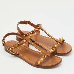 Pre Owned Prada Brown Leather Studded Flat Sandals Size 36