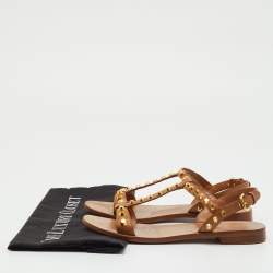 Pre Owned Prada Brown Leather Studded Flat Sandals Size 36