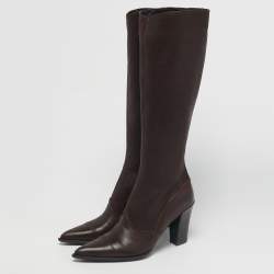 Pre Owned Prada Dark Brown Leather Knee Length Boots Size 38