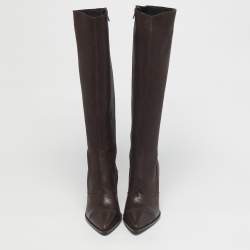 Pre Owned Prada Dark Brown Leather Knee Length Boots Size 38