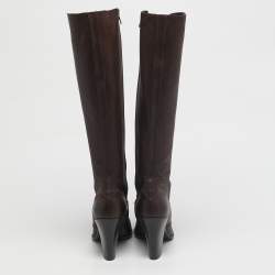 Pre Owned Prada Dark Brown Leather Knee Length Boots Size 38