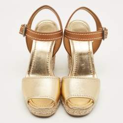 Pre Owned Prada Size 40 Gold/Brown Leather Espadrille Wedge Sandals