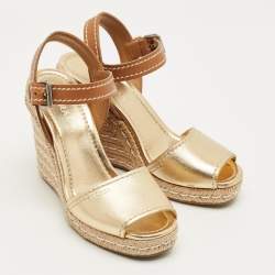 Pre Owned Prada Size 40 Gold/Brown Leather Espadrille Wedge Sandals