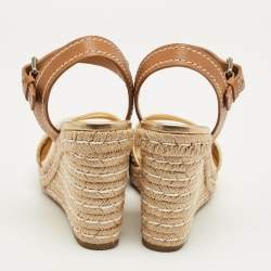Pre Owned Prada Size 40 Gold/Brown Leather Espadrille Wedge Sandals
