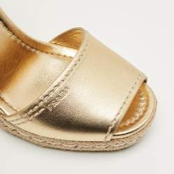 Pre Owned Prada Size 40 Gold/Brown Leather Espadrille Wedge Sandals