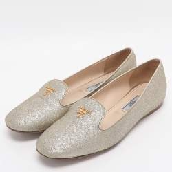 Pre Owned Prada Size 37.5 Gold Glitter Smoking Slippers