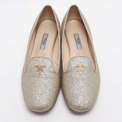Pre Owned Prada Size 37.5 Gold Glitter Smoking Slippers