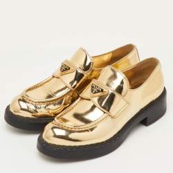 Pre Owned Prada Size 39.5 Gold Patent Leather Triangle Logo Slip On Loafers
