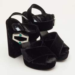 مملوكة مسبقًا Prada Size 40 Black Velvet Cross Strap Platform Crystal Block Heel Sandals