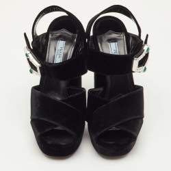 مملوكة مسبقًا Prada Size 40 Black Velvet Cross Strap Platform Crystal Block Heel Sandals