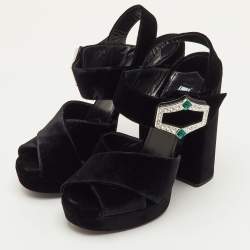 مملوكة مسبقًا Prada Size 40 Black Velvet Cross Strap Platform Crystal Block Heel Sandals