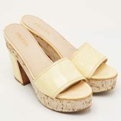 Pre Owned Prada Size 41 Cream Patent Leather Cork Platform Block Heel Sandals