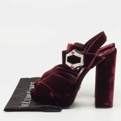 مملوكة مسبقًا Prada Size 40 Burgundy Velvet Cross Strap Platform Crystal Block Heel Sandals