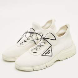 Pre Owned حذاء رياضي برادا قماش محبوك أبيض بأربطة مقاس 40.5