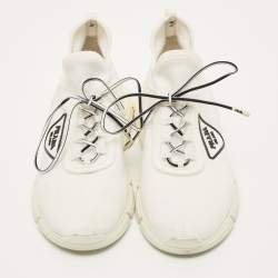 Pre Owned حذاء رياضي برادا قماش محبوك أبيض بأربطة مقاس 40.5