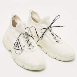 Pre Owned حذاء رياضي برادا قماش محبوك أبيض بأربطة مقاس 40.5