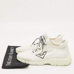 Pre Owned حذاء رياضي برادا قماش محبوك أبيض بأربطة مقاس 40.5