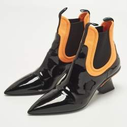 مملوكة مسبقًا Prada Size 39 Black/Orange Neoprene and Patent Leather Pointed Ankle Length Boots
